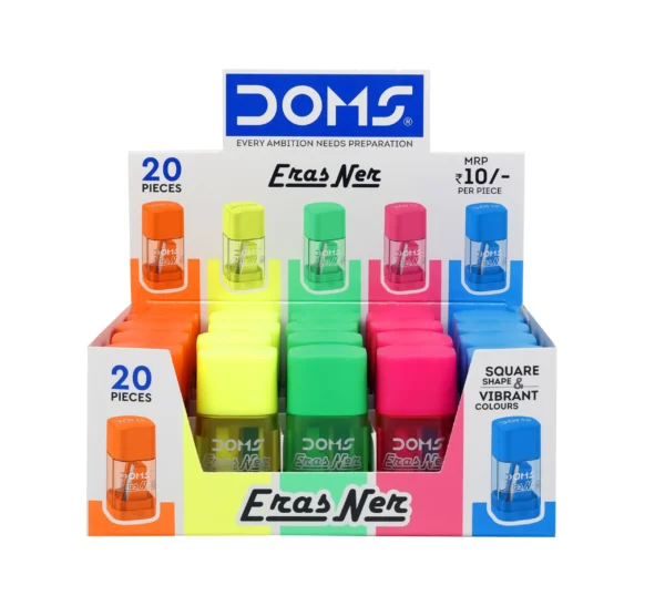 Sharpener Doms ErasNer Eraser + Sharpner Pack | Durable & Strong Built Quality | Square Shape in 4 Vibrant Neon Colors