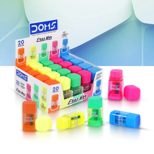 Doms ErasNer Eraser + Sharpner Pack | Durable & Strong Built Quality | Square Shape in 4 Vibrant Neon Colors