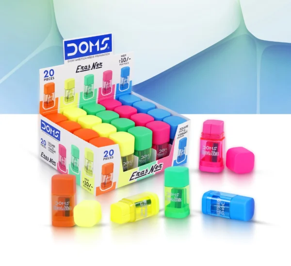Sharpener.1 Doms ErasNer Eraser + Sharpner Pack | Durable & Strong Built Quality | Square Shape in 4 Vibrant Neon Colors